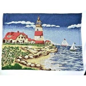 Beach House Lighthouse Tapestry Placemats 2pc Seashore Sailboats Blue Tan Gift